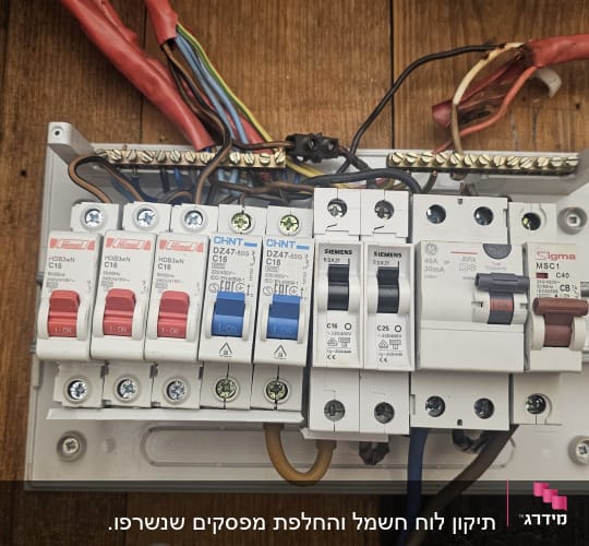 לוח חשמל עם מפסקים וחוטים צבעוניים